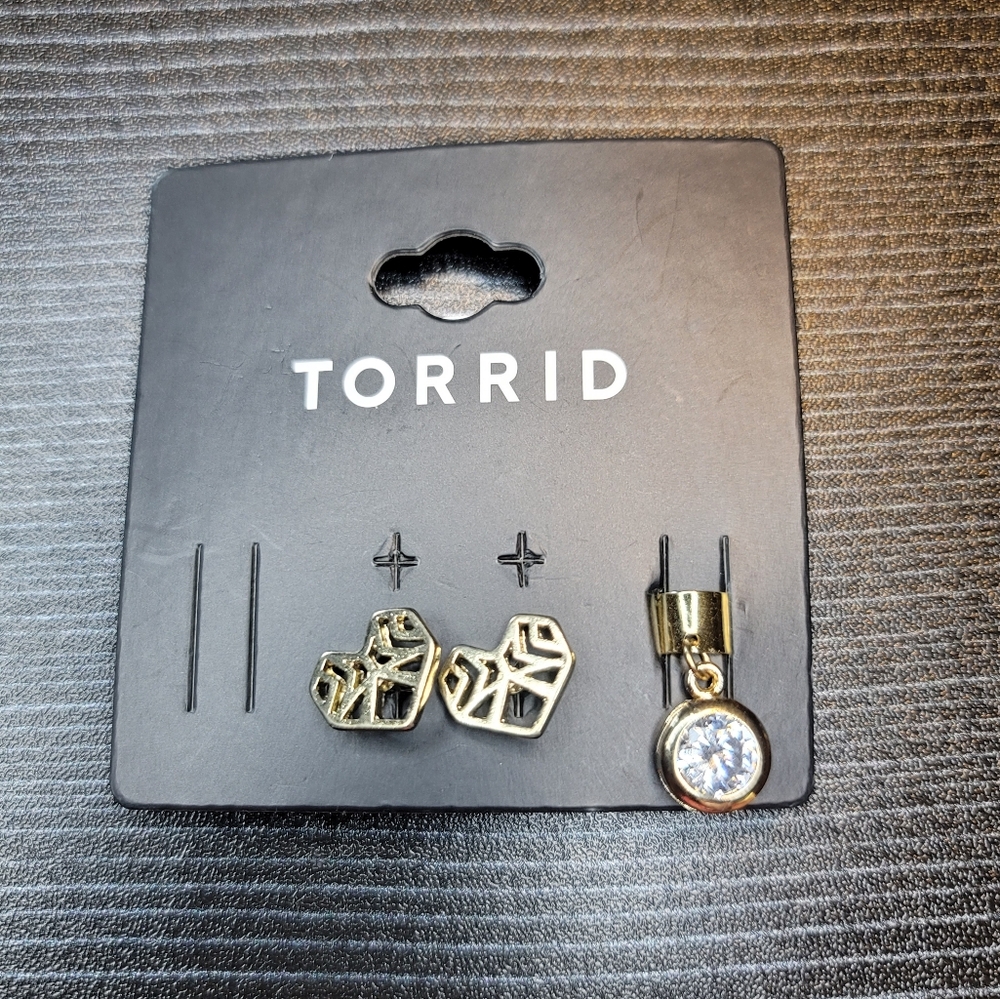 NEW Torrid Gold Earrings Geometric Heart Stud And Ear Cuff W/Crystal Set